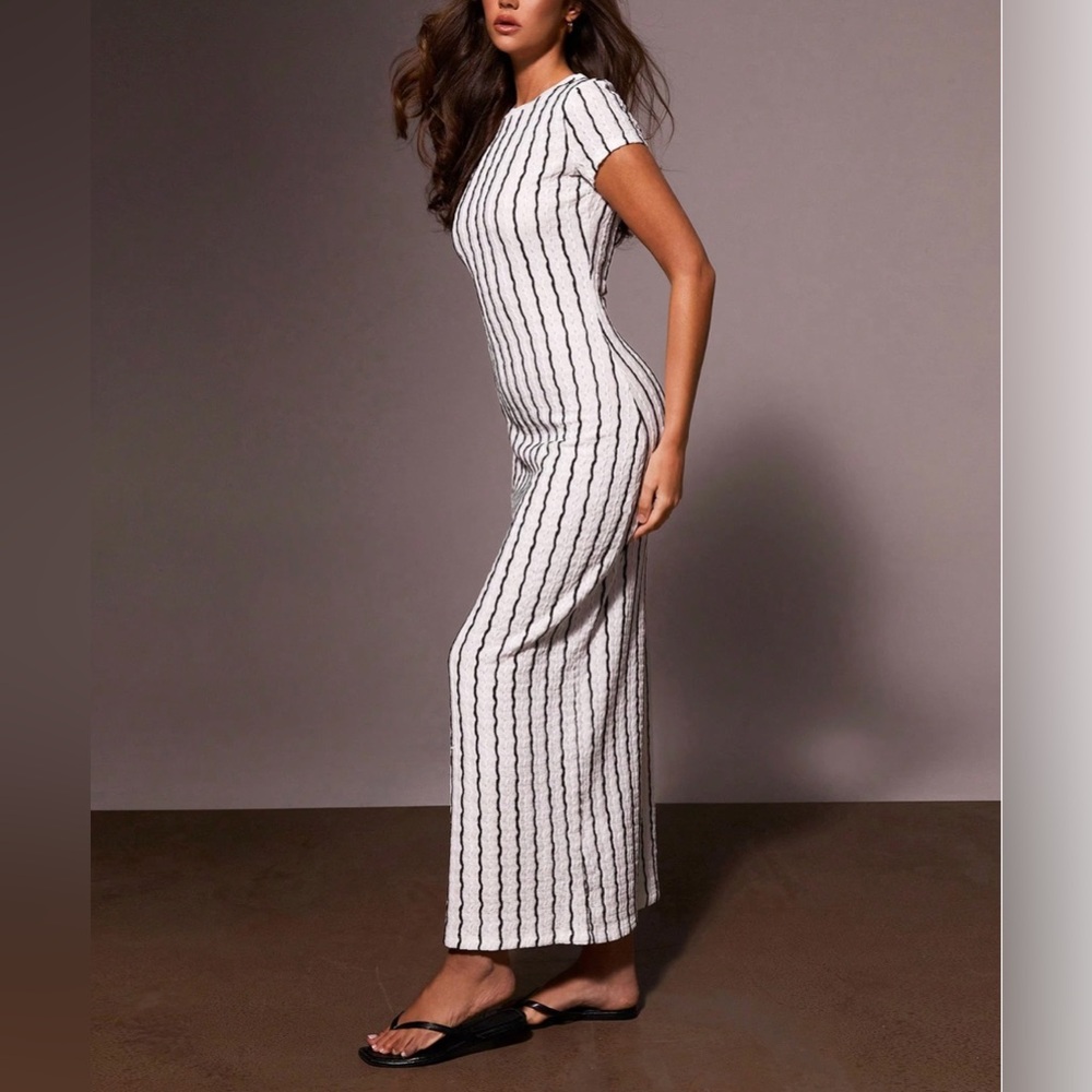 Striped Crew Neck Short Sleeve Bodycon Dress White